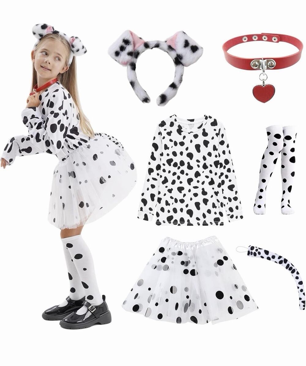 101 Dalmatian Costume For Kids Girls Shirt Outfit Ears Headband Socks S (5-7 Yrs